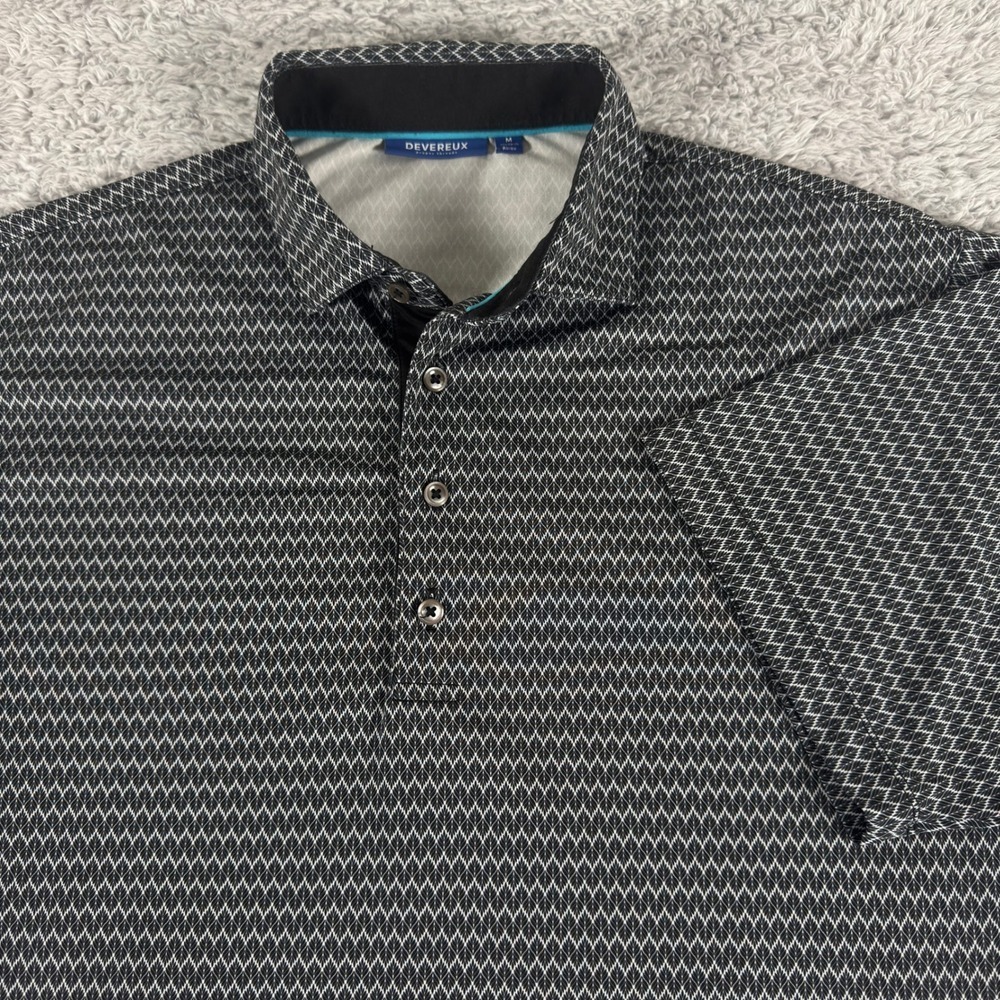 Devereux Mens Golf Polo Shirt Black White Geometric Diamond Print Size M